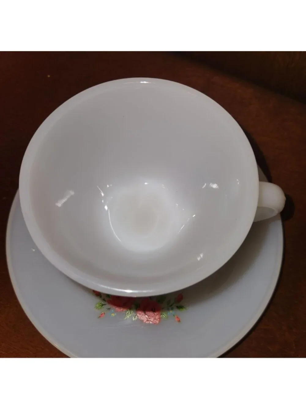 Vintage Fire King Milk Glass Red Rose Flower Teacup/Coffee Cup & Saucer